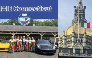 Donne del gruppo folk “Le Sorelle d’Italia” posano con auto Ferrari durante la Festa della Repubblica Italiana 2025 a Hartford, Connecticut.